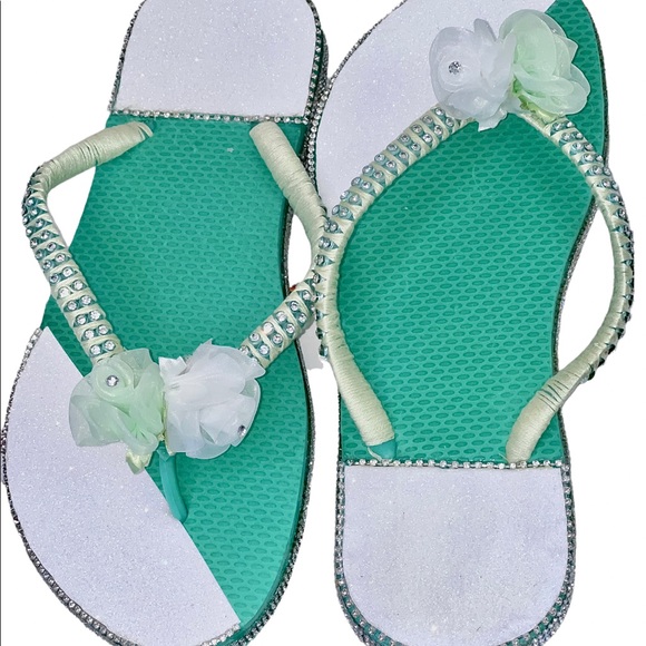 Old navy flip flops| Bridal Shoes| Beach Wedding| Mint Green Size 7-8| crystals - Picture 16 of 16